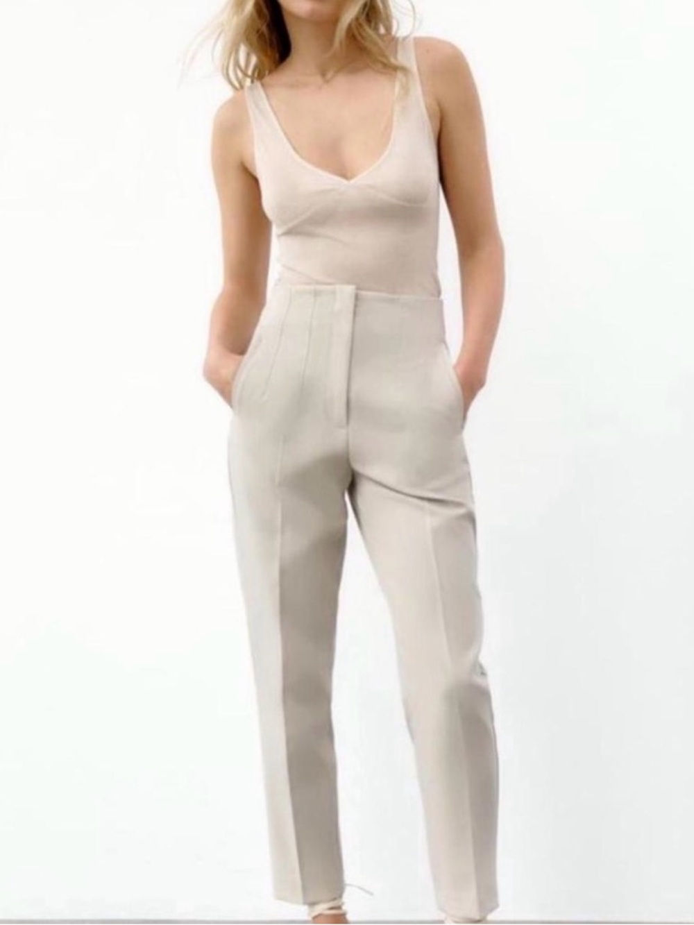 Zara Cream High-Rise Tailored Trousers